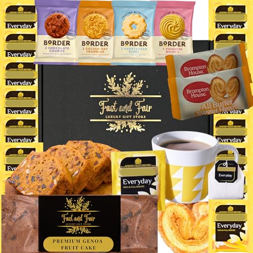 Luxury Tea & Cake Gift Set - Food Gift Hamper with Everyday Tea Premium Genoa Fruit Cake Border Biscuit Selection and All Butter Sweethearts - 23 Items in Gold Embossed Gift Box