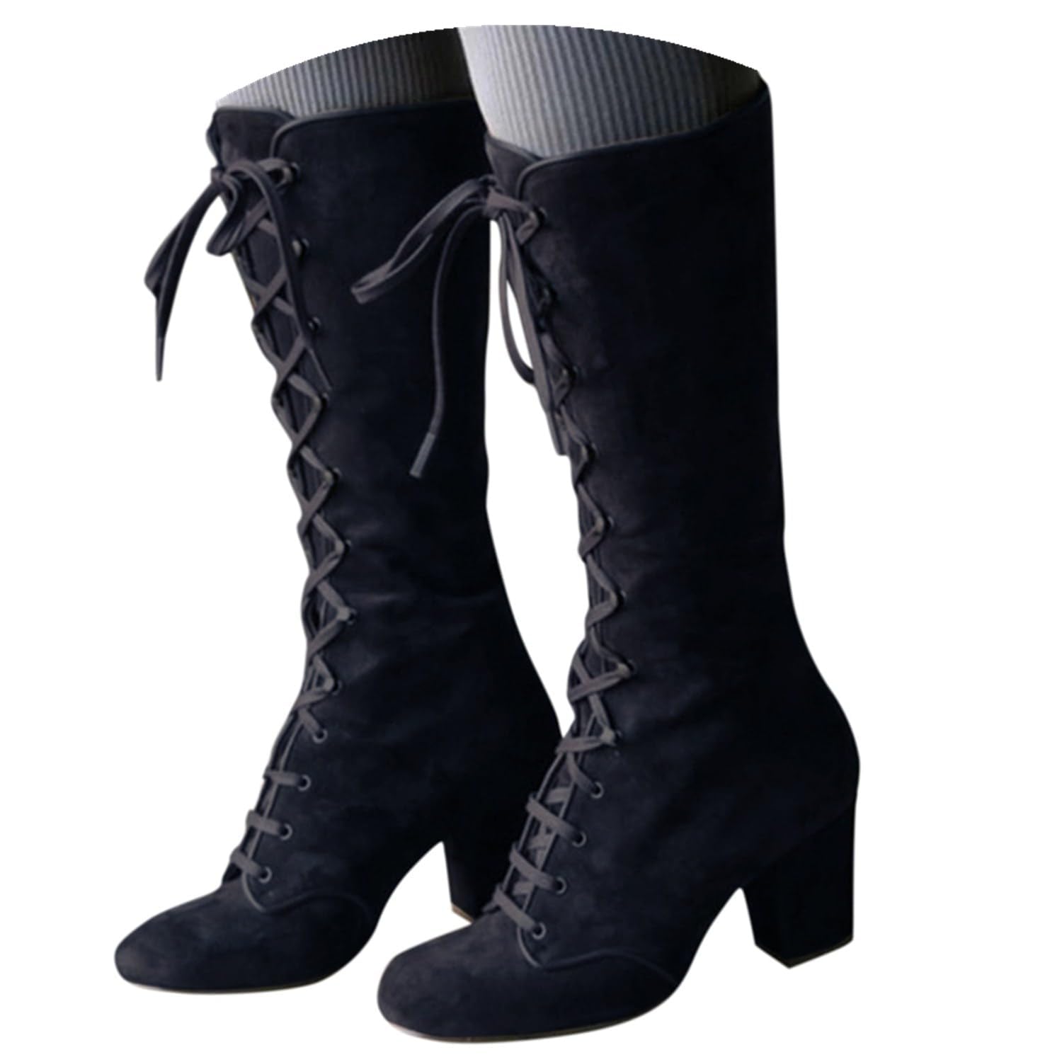 Victorian Boots for Women Chunky Heels Lace Up Mid Calf Boots Vintage Gothic Halloween Costume Witch Shoes Medieval
