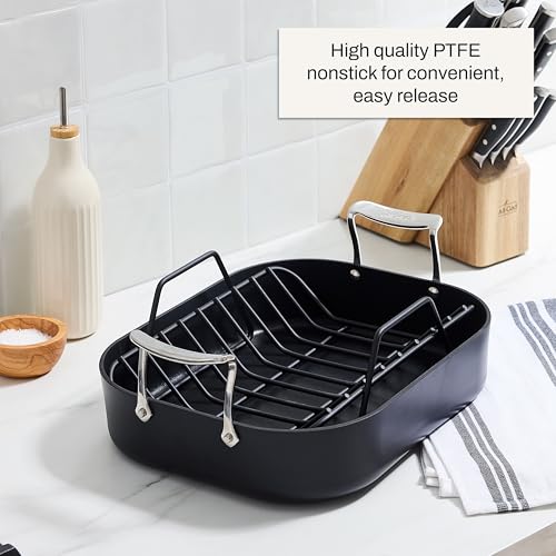 Image of All-Clad Essentials Hard Anodized Nonstick Roaster with Rack 11x14 Inch Oven Broiler Safe 500F Roaster Pan, Pots and Pans, Cookware Black