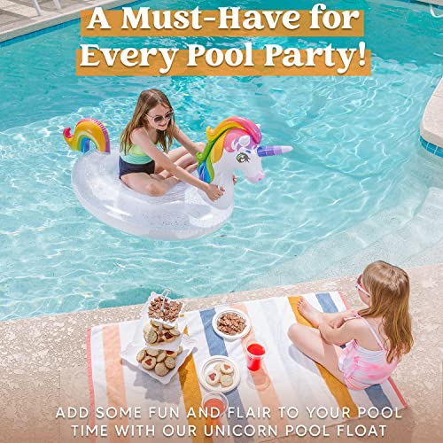 JOYIN aufblasbare Einhorn Pool Float mit Glitzern, Spaß Strand Floaties,Schwimmring Erwachsene Einhorn, Pool Spielzeug, Sommer Party Lounge Floß Dekorationen für Kinder 175cm *75cm*85cm