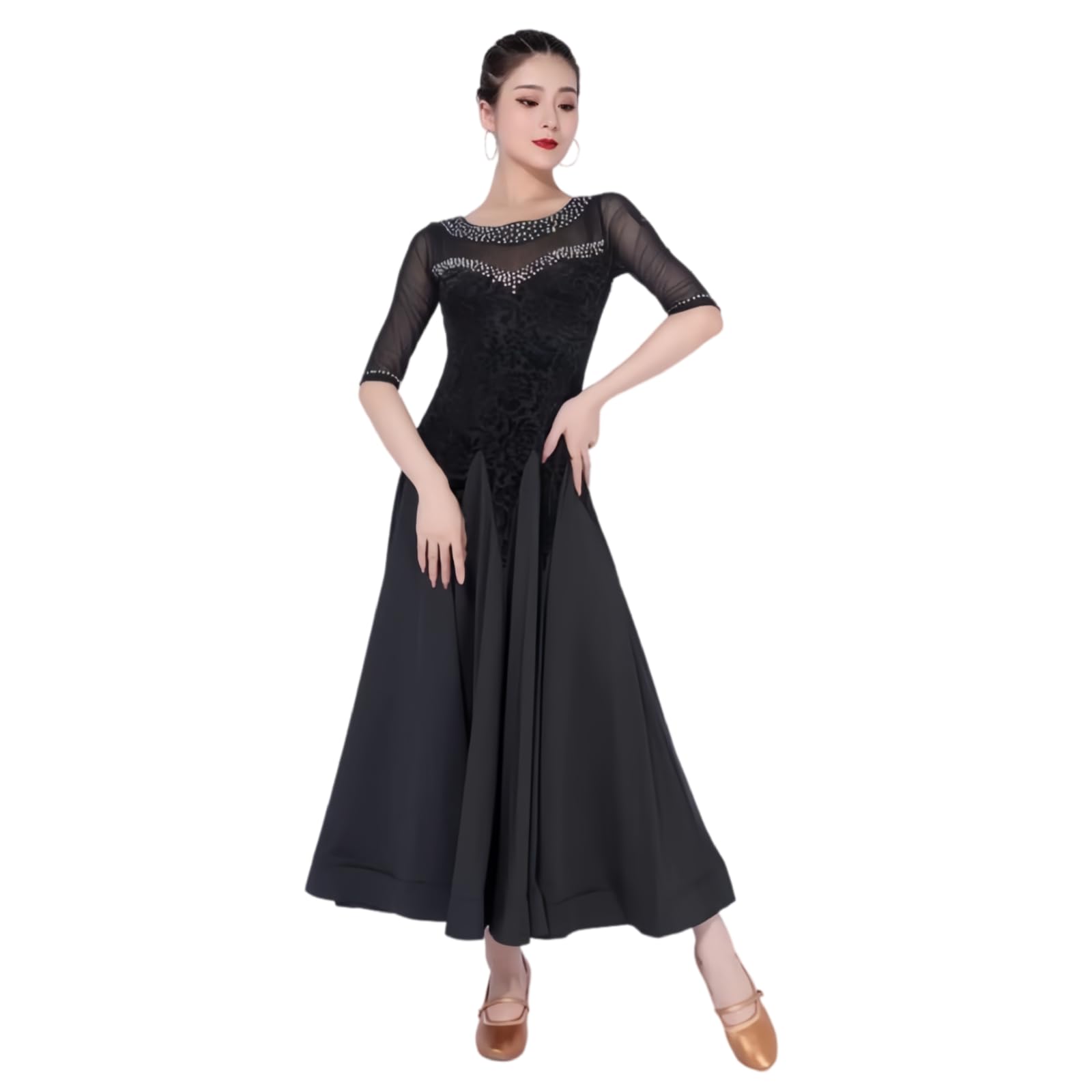 Damen Standard Ballroom Tanzkleid, Elegantes Walzer Turnierkleid Modisches Tanzkleid Mit Halbärmeln Und Strasssteinen Tanzkostüm Mit Weitem Schwingendem Rock Für Aufführung