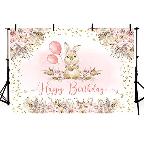 AIBIIN 2,1 x 1,5 m Rosa Chica Bohemia Tema Fondo de Cumpleaños Pascua Conejito Flor Globo Fiesta Niños Banner Estilo Boho Puntos Oro Fondo Fotografía Princesa Bebé Ducha Recién Nacido Decoración