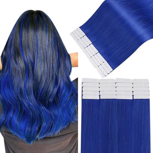 Image of Easyouth Blue Tape in Hair Extensions Human Hair Colorful Tape ins Hair Extensions Blue for Party Colored Tapes in Human Hair Extension Quick Application 16 Inch 50g 20pcs