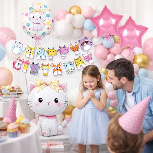 Image of Rozi Decoration Cute Cat Theme Birthday Decoration Kit for Kids | Animal Alphabet Happy Birthday Banner with Cat Foil Balloons, Pastel & Chrome Balloons | Pack of 47 Pieces