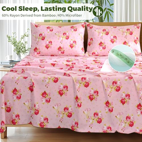 Image of Bedlifes Extra Deep Pocket 18-24 inch Queen 4-Piece Sheet Set - Cooling Sheets Blend Rayon Derived from Bamboo Soft & Breathable,Featuring Pink Floral Red Rose