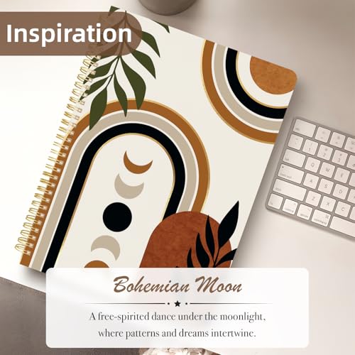 Image of Cute Spiral Notebook 8.5 x 11 Graph Paper Journal A4, Moon Boho | 70 page, Note Book with Pocket, Large, Big, Hard Cover, Aesthetic, Pretty Design, for Women, Girls, Kawaii