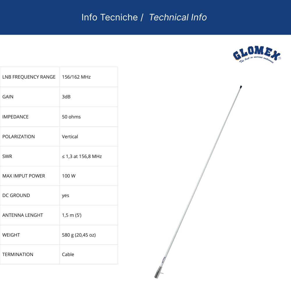 Glomex – Antenne VHF "Basic Line" 1,5 m (Blanc), modèle RA400CR – Virole en laiton chromé, comprend câble 4,5 m, 3 dB, DC Ground, pour bateaux à moteur – Qualité et finitions supérieures