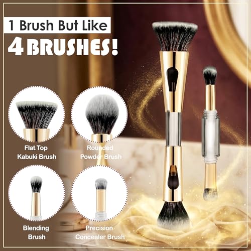 Image of GLUN 4in1 Makeup Brush Set, (2 Mini & 2 Big) Dual-Ended Soft Bristle Beauty Brushes Golden Chrome Finish with Elegant Flawless Face & Powder Application