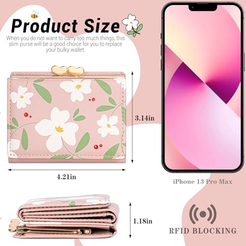 YINHEXI Women’s Wallet, Cute Small Tri-fold with RFID Blocking Wallet for Women and Girls, Floral Small Wallets Woman (Baby Pink)3