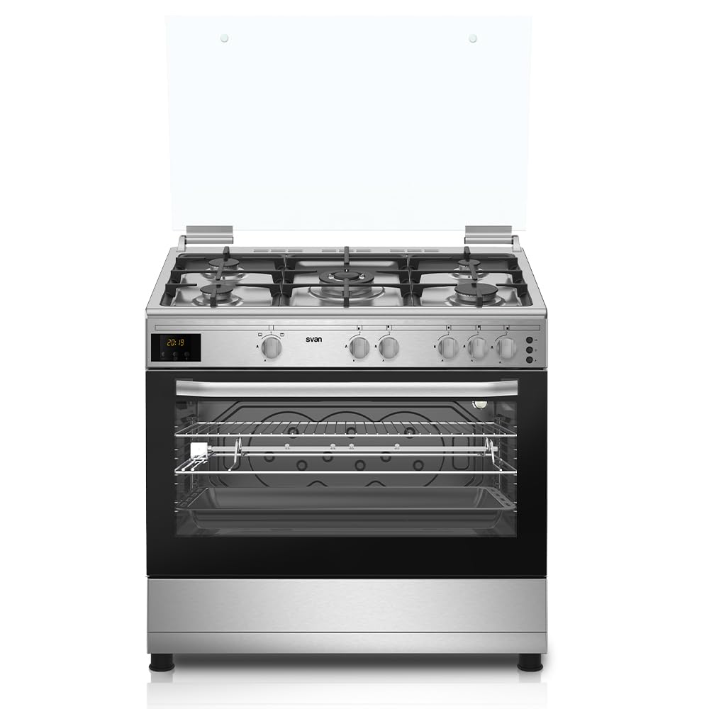 Cocina De Gas Svan SKGW5901PB - 5 Quemadores, Horno 55L, Quemador WOK Triple Llama, Blanca, Tapa Abatible De Cristal