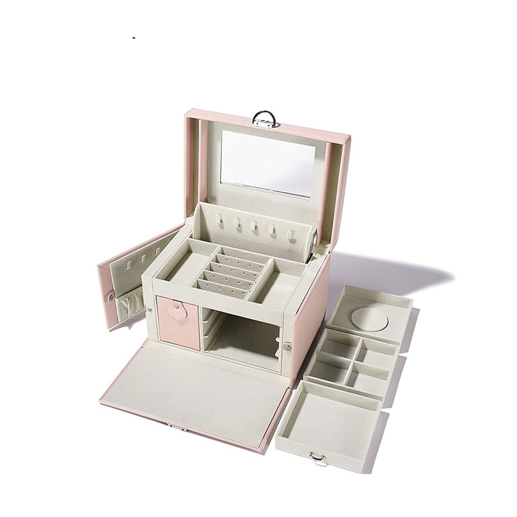 Caja de joyería Multifuncional con Espejo Estilo Simple Caja de Almacenamiento de Gran Capacidad Textura Delicada Caja de organización de Cuero (Color : Pink)