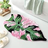 Fosiyaa Green Leaf Rug, Cute Monstera Soft Non Slip Tufted Bath Mat Palm Shaped Plush Fun Floor Mat for Bathroom Kitchen Bedroom Home Decor