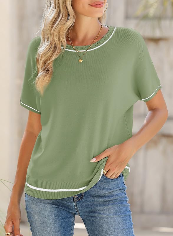 Image of SHEWIN Womens Tops Trendy Short Sleeve Shirts Crewneck Lightweight Knit Sweater Top Business Casual Outfits