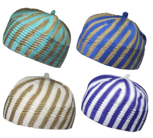 4 Pieces Muslim Beanie Prayer Cap Amn-338 Islam Kufi Hat Knit Crochet Taqiyah Takke Skull Topi Winter Warm Headware Eid Ramadan Gift (Color Set 1)