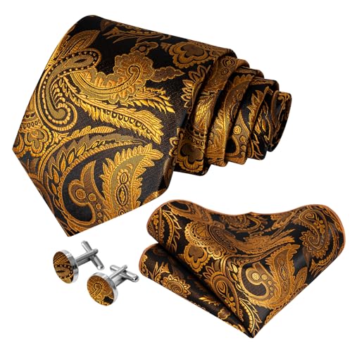 Image of 5PCS Mens Silk Designer Tie, Pocket Square, Cufflinks, Drilled Tie Ring and Lapel Pin Set for Wedding Groom Party
