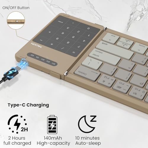 Image of Nillkin Pocket Foldable Wireless BT Keyboard with Touchpad Number Pad for Study, Bussiness Trip, Travel Meeting for Tablet, Mobile Phone,Laptop, Full Size (Small) Keyboard (Khaki)