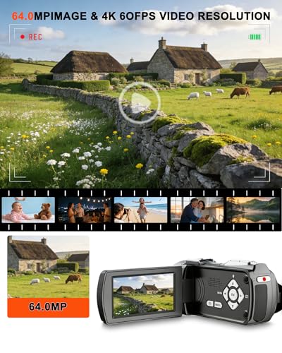 4K Camcorder Video Camera for YouTube, 64MP Vlogging Camera with 21X Digital Zoom, 3.0'' Rotatable Screen, LED Fill Light, External Microphone, Remote, 2 Batteries, 64GB Card - Image 4