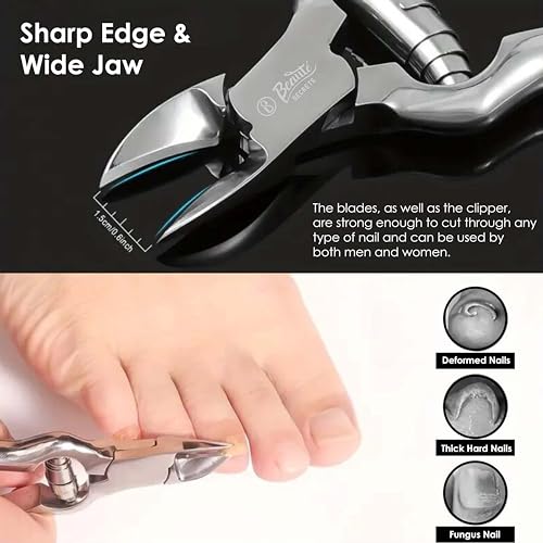 Beauté Secrets Large Heavy Duty Toe Nail Clippers for Thick Nails, Manicure & Pedicure, Double Barrel Spring. Super Sharp Curved Stainless Steel 20mm Tip, Silver - Image 3