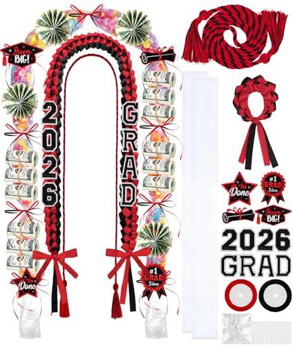 LUYI 18 Pcs 2026 Graduation Lei Making Kit Graduation Necklace Candy Leis Class of 2026 Double Layer Ribbon Money Lei Accessories with Bracelet & Honor Cord for DIY Graduate Gifts Women Men(Red Black)