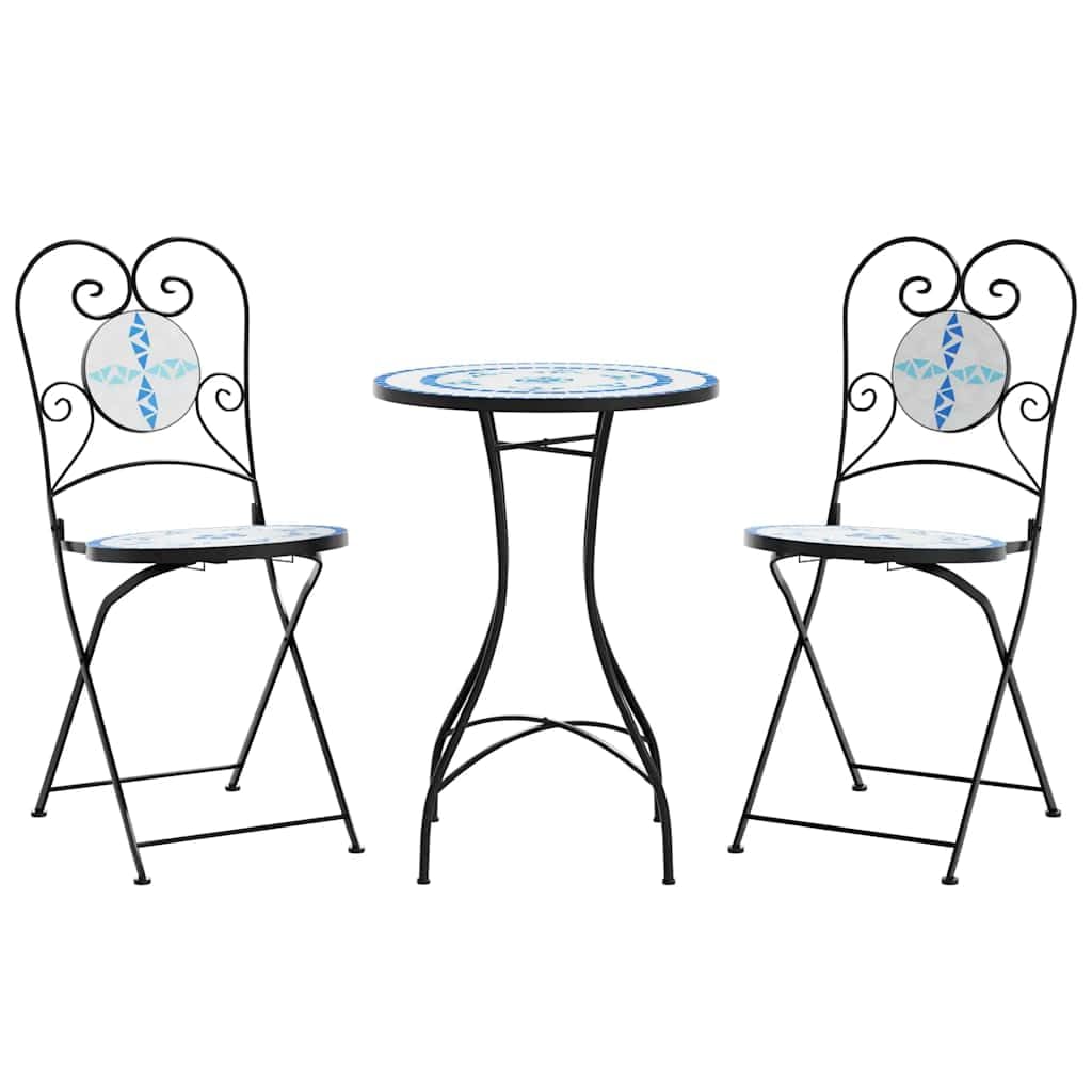 vidaXL Juego de bistró de Mosaico de Hierro y cerámica Azul y Blanco, Juego de Bistro, Juego de Bistro de Exterior, Juego de Muebles de jardín