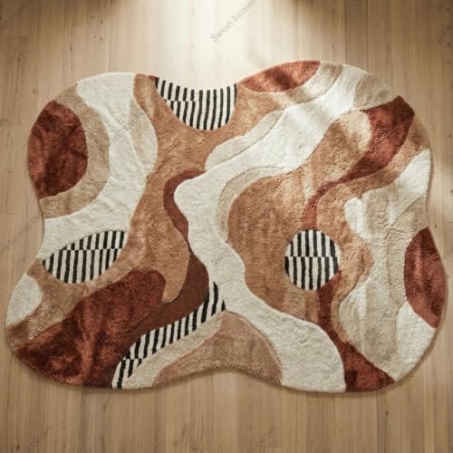 Image of SWEET HOMES Handwoven Shaggy Abstract Area Rug | Ultra Soft Plush Irregular Carpet, 10 x 12 Feet (305 x 366 cm), Brown Ivory