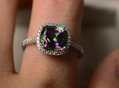 KOICCVQQ Women Cocktail Wedding Jewelry 18K White Gold Mystic Topaz Fire Rainbow Rings Engagement Ring Solitaire Engagement Ring Size 6-10 (US 10)