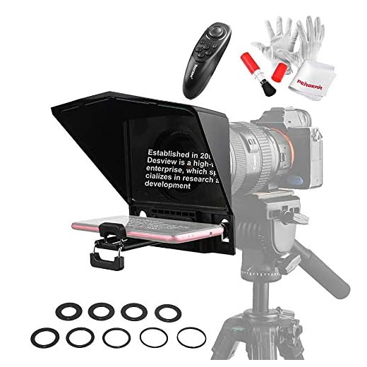 Desview T2 Portable Teleprompter for Smartphone Tablet DSLR Cameras, Supports Wide Angle Lens, APP Compatible with iPad/Android, Comes with Remote Controller, Lens Adapter Rings and Cleaning Kit