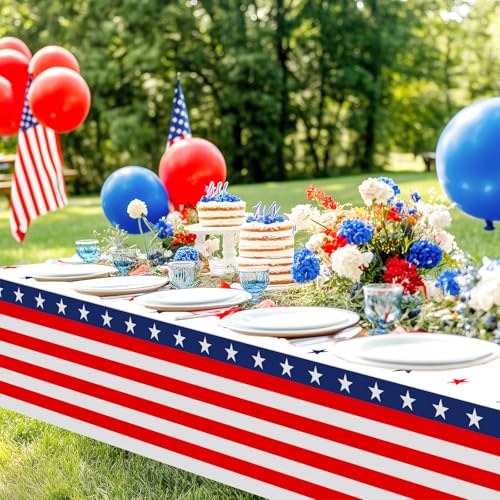 Image of Avezano 3 pcs 4th of July Tablecloth Patriotic Tablecloths Red White and Blue Plastic Table Covers Disposable 108 x 54 inch Fourth of July Decorations