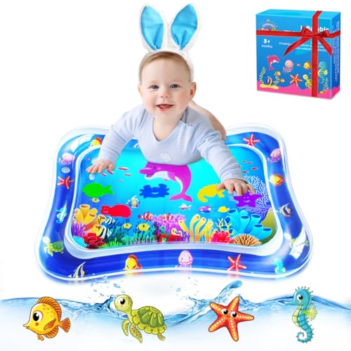 Image of ZMLM Baby Tummy Time Water Mat for Babies, Baby Toys Gifts for Newborn Infant 3 6 9 12 Month Baby Boy Girl Easter Basket Stuffers Inflatable Activity Play Sensory Mat Toddler(Blue)