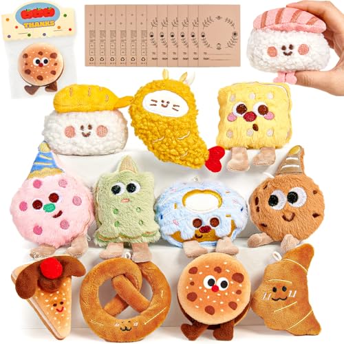 G.C 12 Stück Mini Kuscheltier Lebensmittel Thema Schlüsselanhänger Plüsch mit Karte Plüschtier Lebensmittel Keychain Mitgebsel Kindergeburtstag Party Kleine Geschenke für Kinder Ostereier