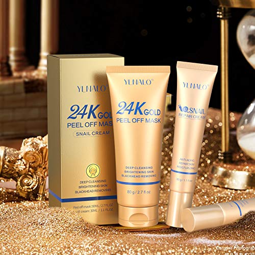 Blackhead Remover Peel Off Mask, 24K Gold Peel Off Facial Mask With Snail Repair Cream And Facial Brush, Deep Cleansing Anti-Aging, Reduces Fine Lines, Acne, Wrinkles, Rejuvenate And Moisturize Skin #TOP7