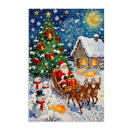 Toile murale Père Noël retro paysage hiver vintage pin cerf chambre
