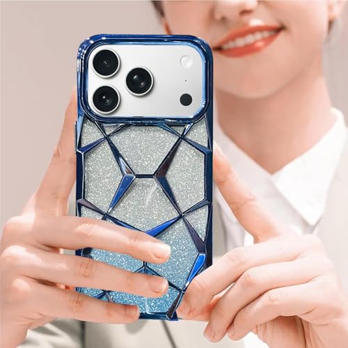 Image of VONZEE Gradient Glitter Back Cover Case Compatible with iPhone 17 Pro, Luxury Electroplated 3D Cube, Diamond Bling Shiny Soft TPU Clear Shockproof Women Girls Protective Phone Cover (Sierra Blue)