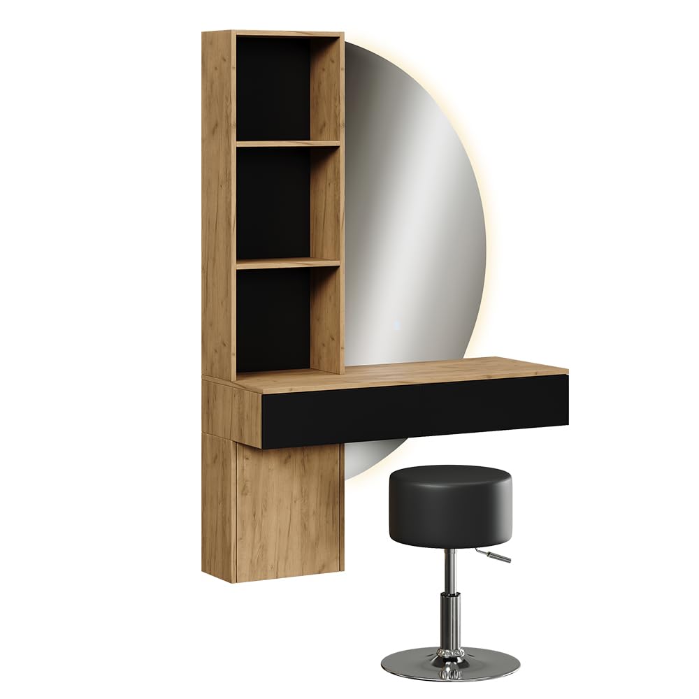 Vicco Tocador Melora, Roble/Negro, 100 cm | con espejo LED y taburete, para guardar cosméticos y accesorios