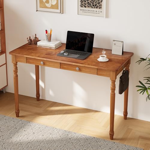 ENPKLUTE 48 Inch Mid Century Modern Desk - Rubber Wood Desk with Drawers, Vintage Desks with 2 Hooks, Mid Century Desks for Bedroom, Living Room & Office, Walnut Color