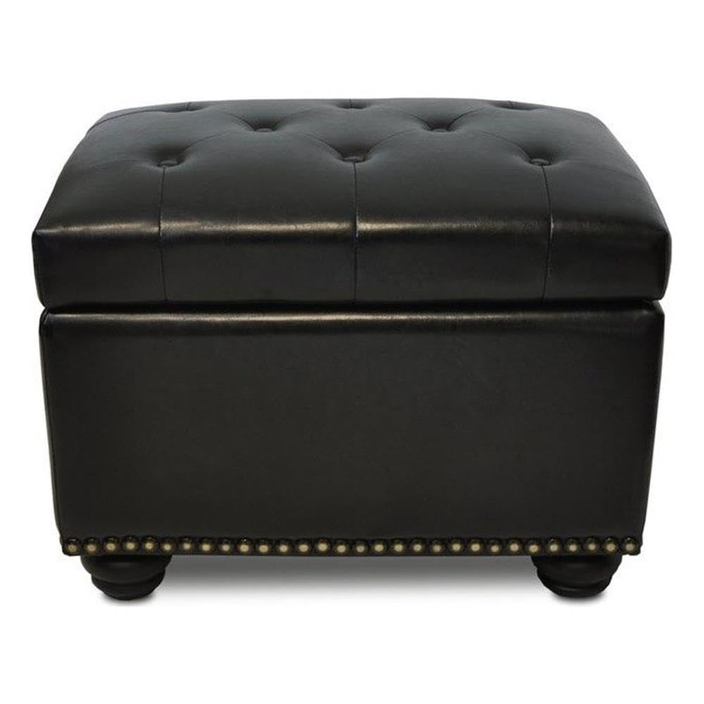 Convenience Concepts Designs4Comfort 5th Avenue Upholstered Storage Ottoman 24" - Contemporary Foot Stool and Seat with Hinged Lid for Living Room, Dining Room, Office, Den, Black Faux Leather