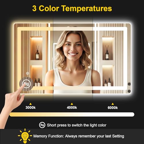 Image of LED Bathroom Mirror with Lights, 24 inchx40 inch Lighted Vanity Mirror for Wall | Anti-Fog, Dimmable 3 Color Light, Backlit+Frontlit, Shatterproof Tempered Glass, Memory Function