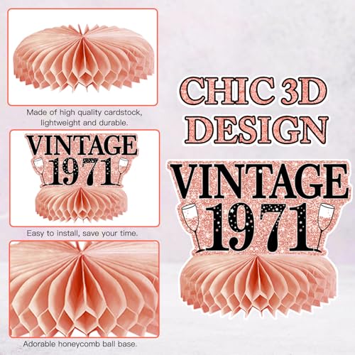 Image of 9Pcs 55th Birthday Decorations Honeycomb Centerpieces for Women, Rose Gold Pink Happy 55th Birthday Centerpieces Tables Toppers Party Decorations Supplies, Vintage 1971 Aged Table Sign Decor