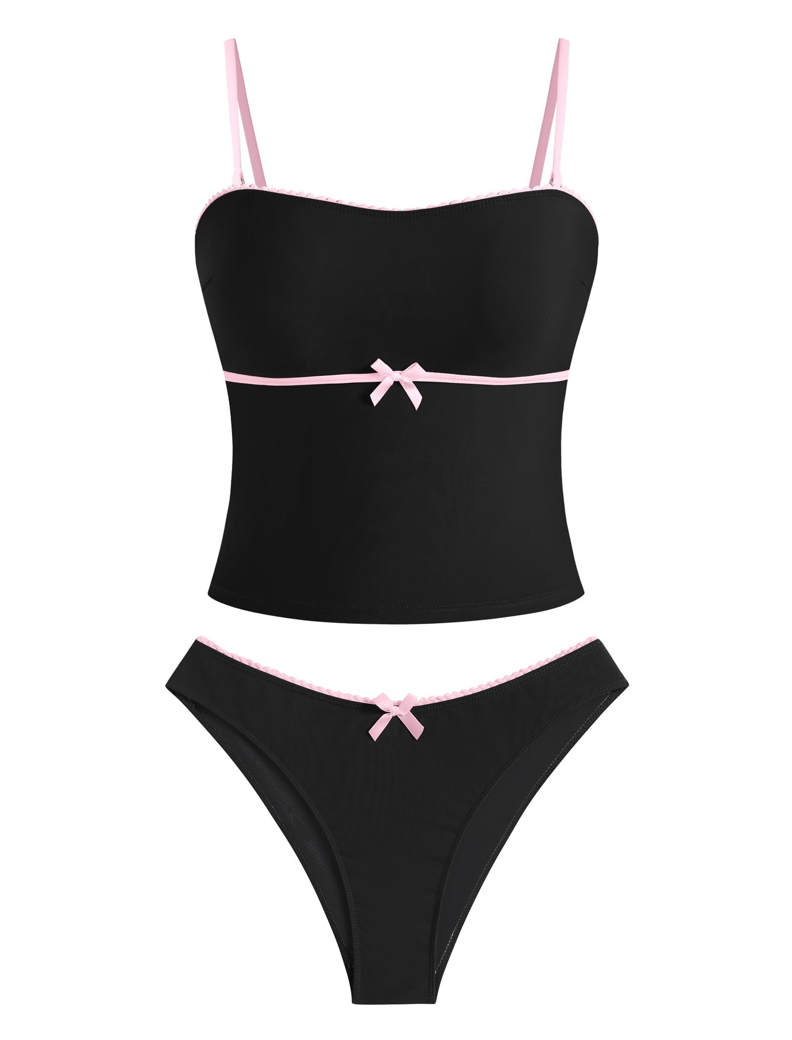 ZAFUL Damen Tankini Set Bauchweg mit Cute Bow Spaghettiträger High Leg Cut Zweiteiler Bikini Badeanzug Bademode