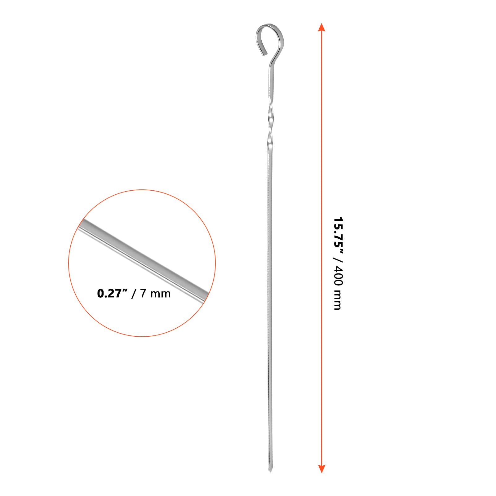 SINJEUN Set di 20 spiedini per barbecue in acciaio inox, 40 cm, spessore 0,7 cm, con design a spirale, per barbecue e cucina all'aperto