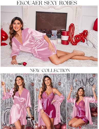 Image of Ekouaer Women's Satin Robe Valentines Lingerie for Women Kimono Bathrobe Short Ruffle Belted Robes Bridesmaids Sleepwear