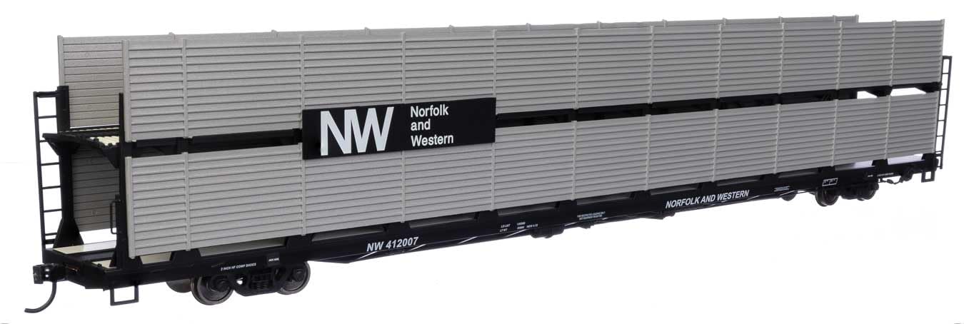 Walthers Mainline 910-8121 HO Scale 89' Flatcar w/Bi-Level Shielded Auto Rack - Ready to Run - Norfolk & Western Rack & Flatcar #412007