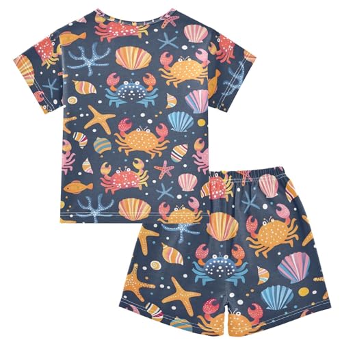 ALAZA Colorful Crab Seashell Starfish Blue Pajamas Short Sleeve 2 Piece Sleepwear Top and Bottom Pajama Set Unisex2