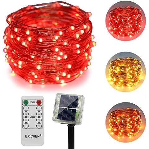 ErChen Dual-Color Solar Powered LED String Lights, 33FT 100 LEDs Remote Control Color Changing 8 Modes Copper Wire Decorative Fairy Lights for Outdoor Garden Patio (Warm White, Red) Cover