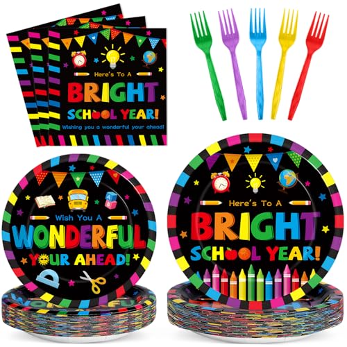 Image of 100PCS Back To School Decorations School Season Supplies Paper Plates Napkins Disposable Black Bottom Colorful Pattern Tableware Dinnerware for Student Birthday Picnic First Day of School Serves 25