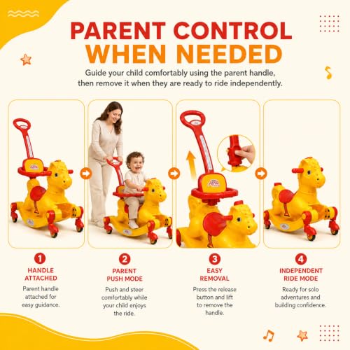 Image of 3 in 1 Baby Horse Rider for Kids 1-5 Years with Parent Handle, Rocking Horse, Ride On Toy, 360 Safety Guard, Music, Swivel Wheels, Backrest, Baby Ride On for Boys & Girls (Yellow)