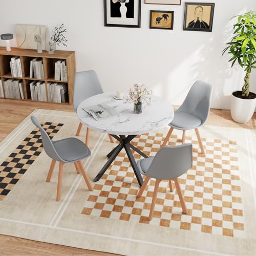 JZGORC Ensemble de Salle à Manger avec Table à Manger et 4 Chaises, 100 x 100 x 75 cm, Table à Manger Ronde en Bois, 4 Chaises à Dossier Haut, Pieds en...