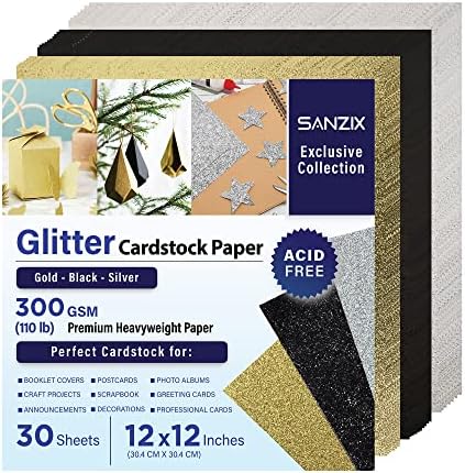 Glitter Cardstock Paper 110lb. 300 GSM - 30 Sheets - 3 Colors - 12x12 Inches Heavyweight Glitter Paper, Cardstock for Cricut, Scrapbook, DIY Crafts, Decor, Gift Wraps, Booklet Covers, Custom Cards