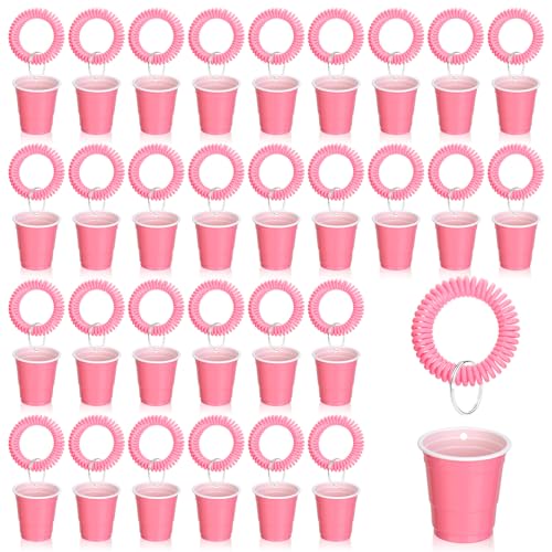 30 Pcs Pink Shot Cups with Wristband for Party 2oz Plastic Shot Glasses Disposable Mini Shot Glasses Bulk with Wrist Coil 2oz Solo Cups for Festival Birthday Favor Wedding Bachelorette Party Supplies