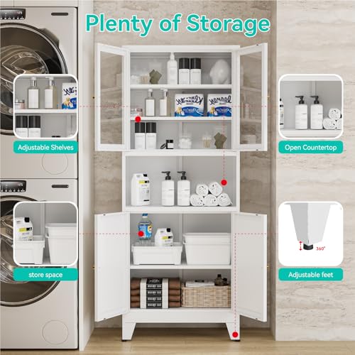 Image of 69 inch Tall Pantry Cabinet with Open Shelf,13.78 inchDeep By 28 inch Wide Storage Cabinet with Glass Doors and Adjustable Shelves,Microwave Stand,for Kitchen Dining Room Bathroom,White,1Pc